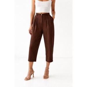 Silk House Brown 100% Silk Pleated Tapered High Waist Cropped Pants Size L